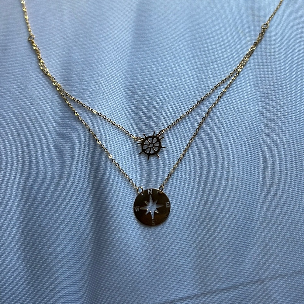 14k gold Nautical necklace with compass & wheel